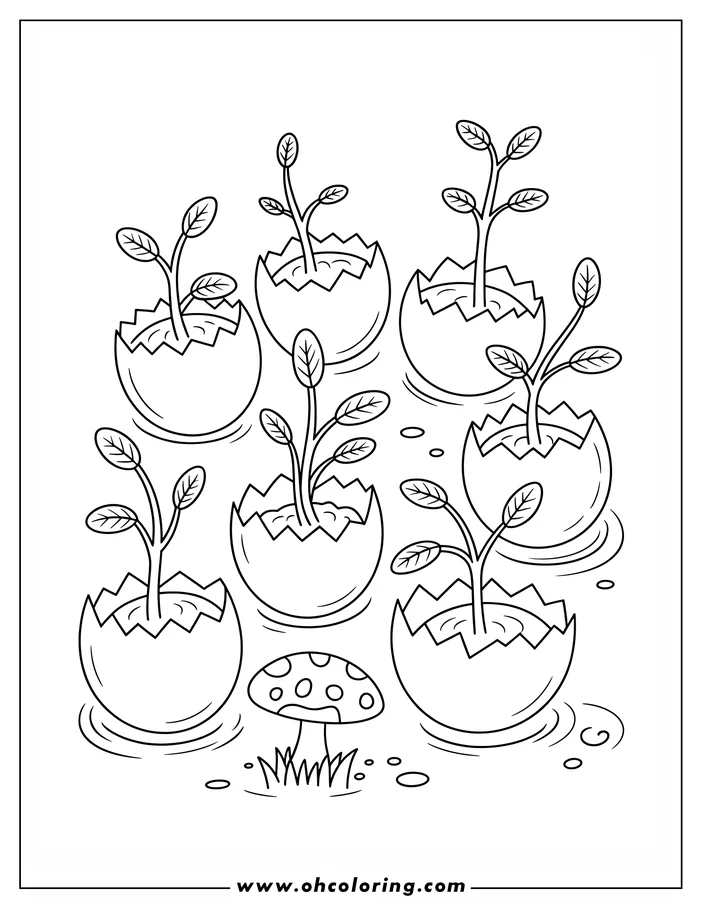 Line art depicting several small sprouts growing in cracked eggshells, with a spotted mushroom nearby. The scene is simple and playful, evoking a sense of springtime growth, ideal for a coloring sheet design.