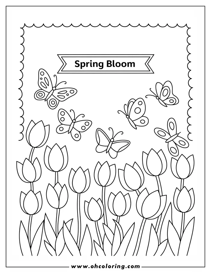 A coloring sheet design of several tulips and butterflies, perfect for a spring-themed project.