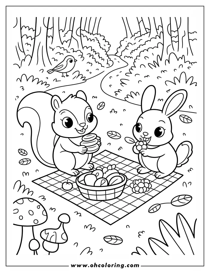Line art of a squirrel and rabbit enjoying a Thanksgiving picnic in the forest. They have a basket of fruit and other treats on a blanket spread out on the ground. A small bird is perched on a nearby branch.