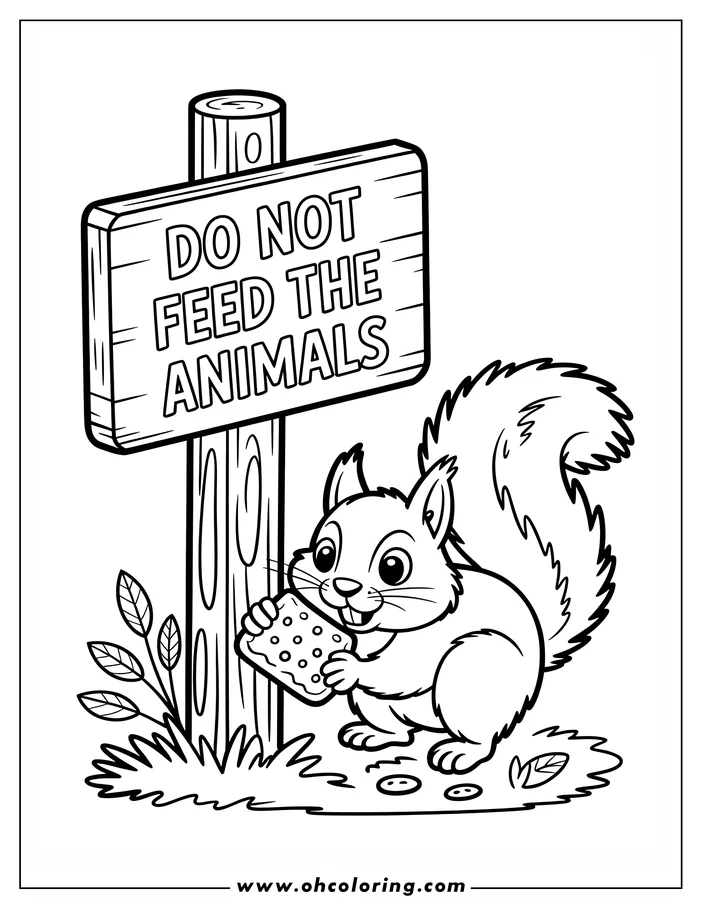 Line art of a playful squirrel holding a cookie near a "Do Not Feed the Animals" sign at a zoo.