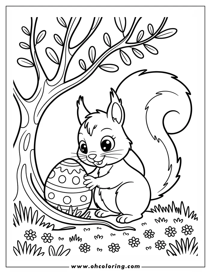 Line art of a squirrel holding an Easter egg near a tree, set in a grassy area with small flowers. This is a coloring sheet design perfect for Easter activities.