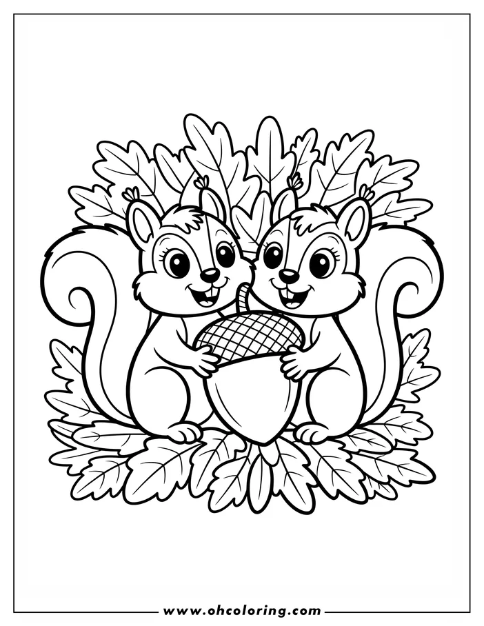 Two squirrels holding an acorn surrounded by oak leaves.