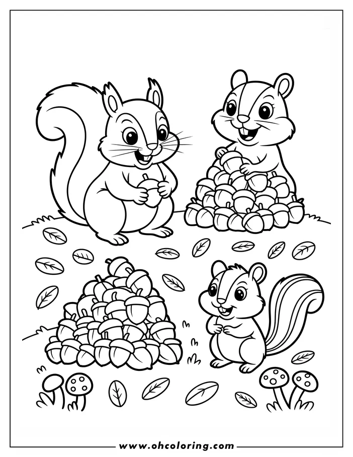 Three squirrels with acorns and autumn leaves.  Two squirrels are holding acorns, the third appears to be admiring two large piles of acorns.