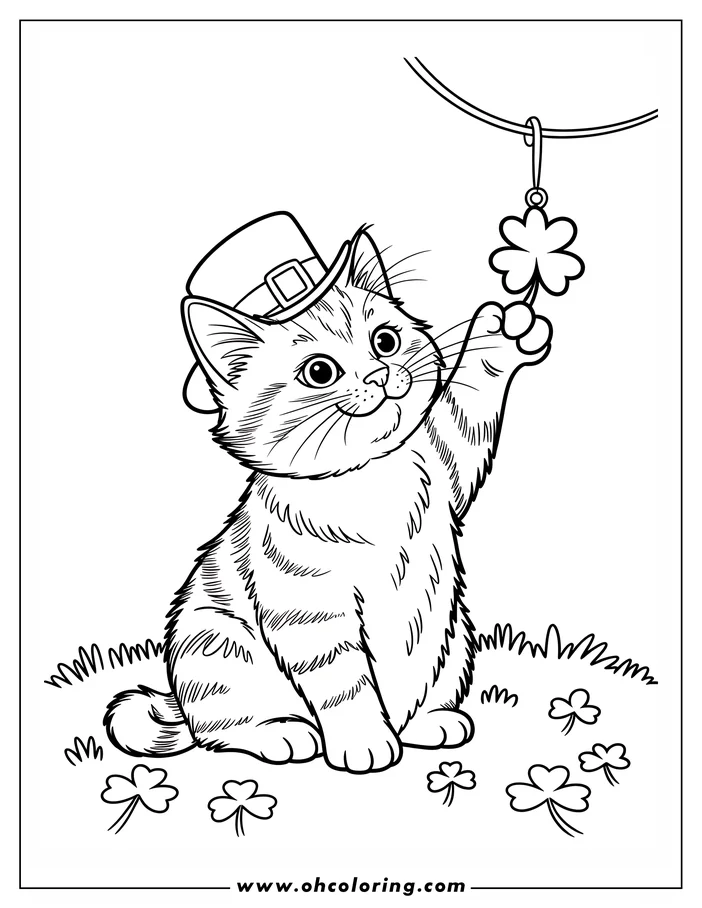 Line art of a cat wearing a St. Patrick's Day hat, reaching for a dangling shamrock.  Shamrocks decorate the ground around the cat. This is a coloring sheet design, perfect for St. Patrick's Day activities.