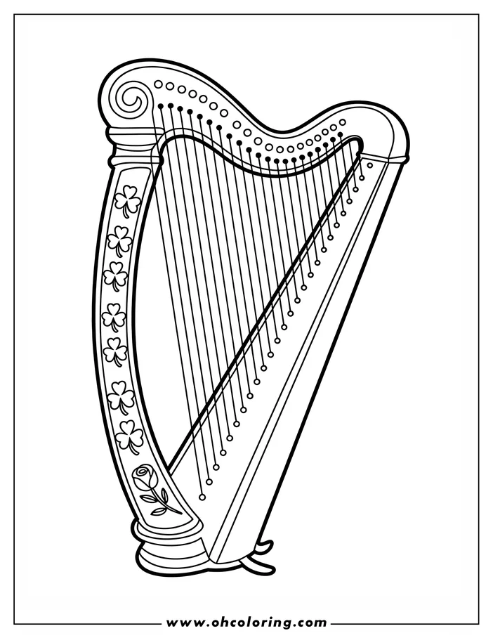 Line art of a harp decorated with shamrocks and a rose for St. Patrick's Day, designed as a coloring sheet.
