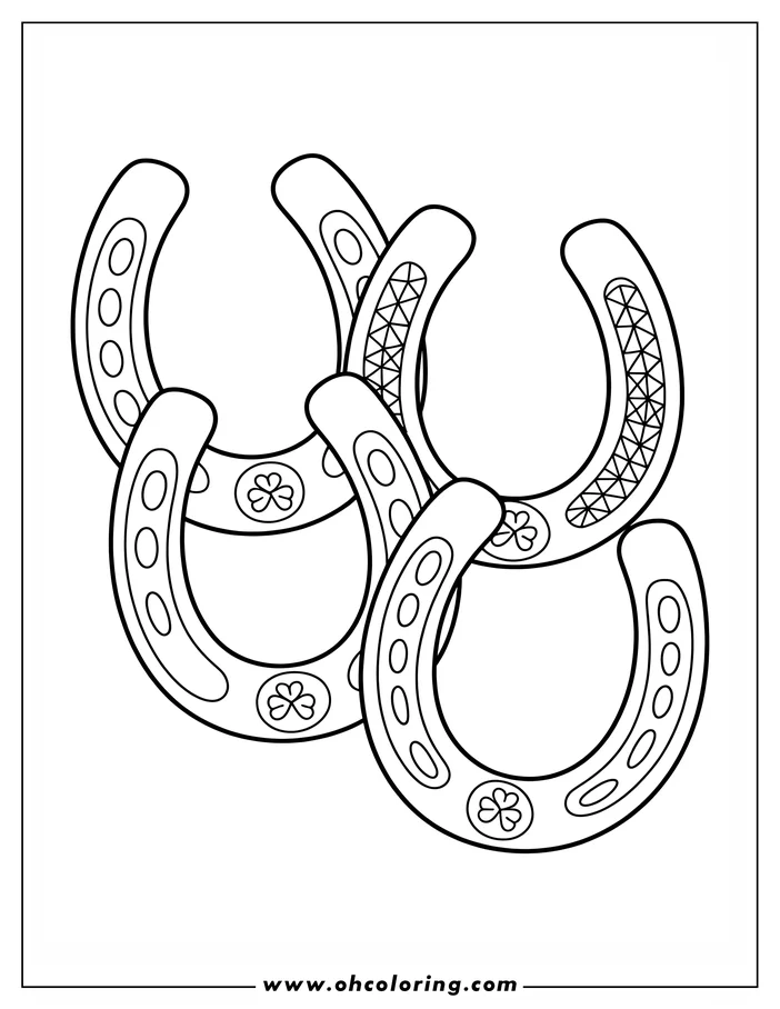 St. Patrick's Day coloring page design featuring three horseshoes.  Each horseshoe features a shamrock and two of them have patterned sections. This line art is ready for coloring.