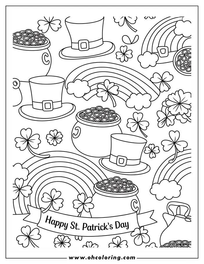 Line art of St. Patrick's Day-themed items. Leprechaun hats, pots of gold coins, rainbows, shamrocks, and a banner with the words 'Happy St. Patrick's Day' fill the outline drawing, ready to be colored.
