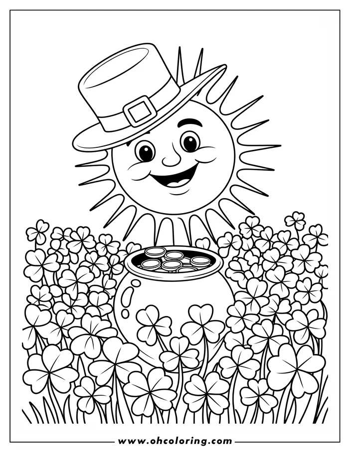 Line art of a St. Patrick's Day-themed coloring page. A smiling sun wearing a leprechaun hat shines over a pot of gold nestled among shamrocks. This cheerful design is perfect for kids' coloring activities.
