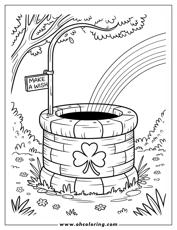 Line art of a wishing well with a shamrock for St. Patrick's Day. A rainbow pours into the well from above. A sign on a tree branch reads 'Make a Wish.'  Flowers and grass surround the well in this coloring sheet design.