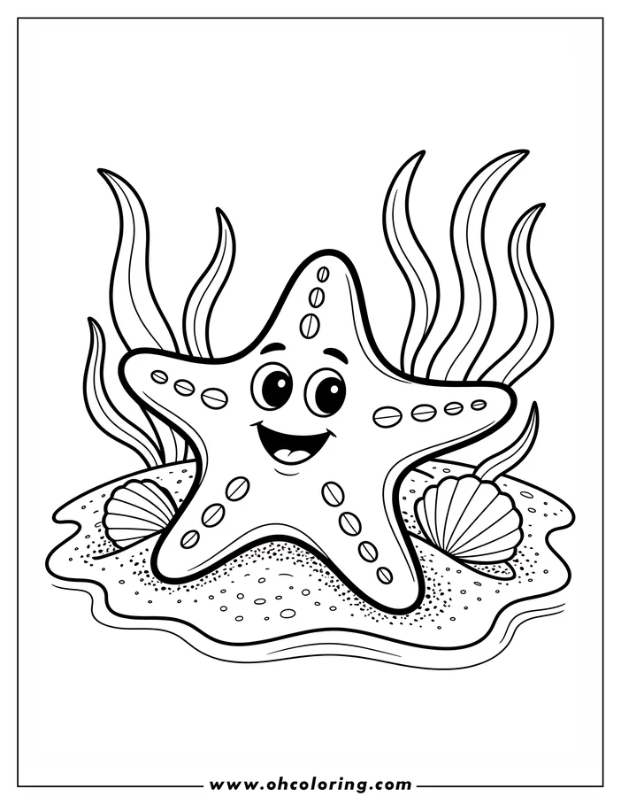 Line art of a smiling starfish resting on the seabed with seashells nearby and seaweed in the background.