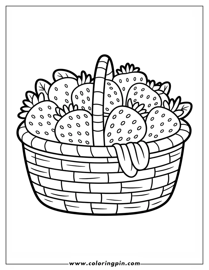 Outline of a basket overflowing with ripe strawberries.