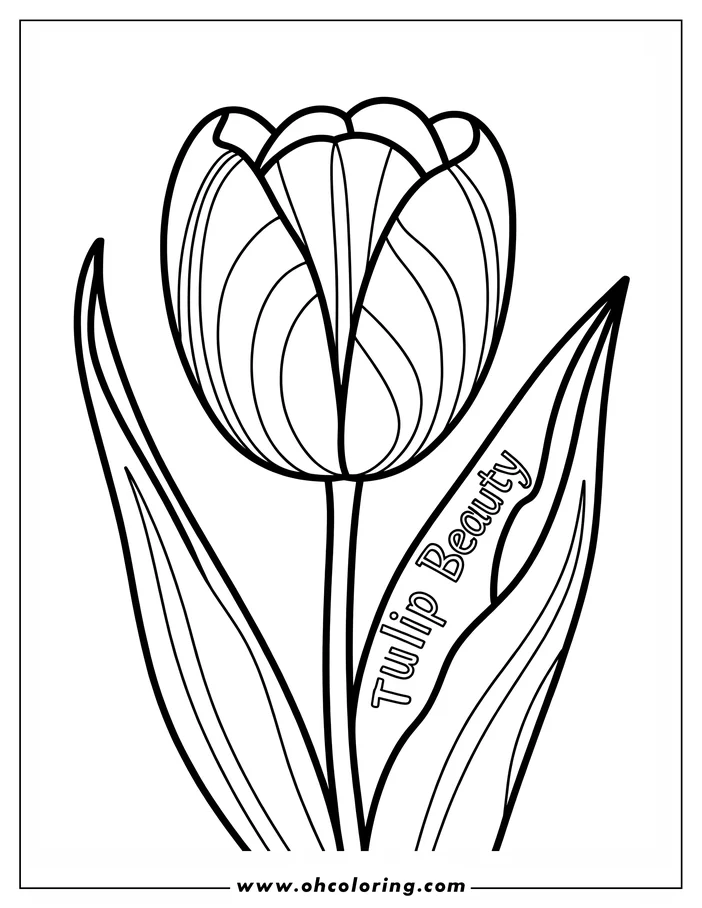 Simple line art drawing of a tulip with a striped pattern on its petals and two leaves extending from the stem, presented as a coloring page.