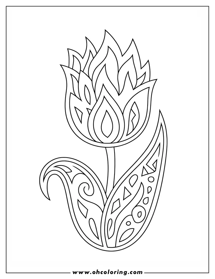 Line art of a stylized tulip flower with intricate patterns within its petals and leaves. The flower's design is somewhat abstract and flame-like. A coloring sheet design ideal for those who enjoy detailed floral patterns.