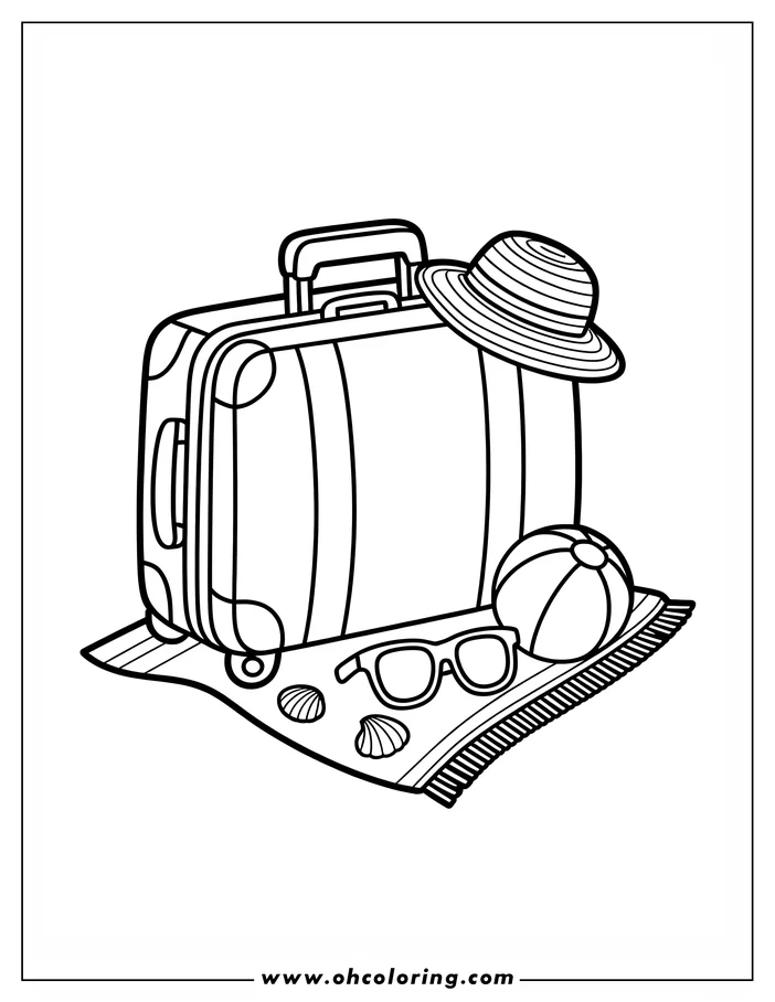Line art of a suitcase packed for a beach vacation. It sits on a striped towel, with a sunhat on top and beach accessories like a ball, sunglasses, and seashells scattered around, ready for coloring.