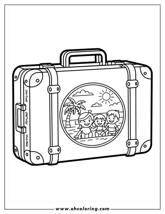 Line art of a suitcase with a beach scene inset. The suitcase has clasps and straps, giving it a vintage look. Inside the circular inset, two girls and a boy are at the beach, with a palm tree, sun, and ocean in the background. This coloring sheet design is perfect for travel and vacation themes.