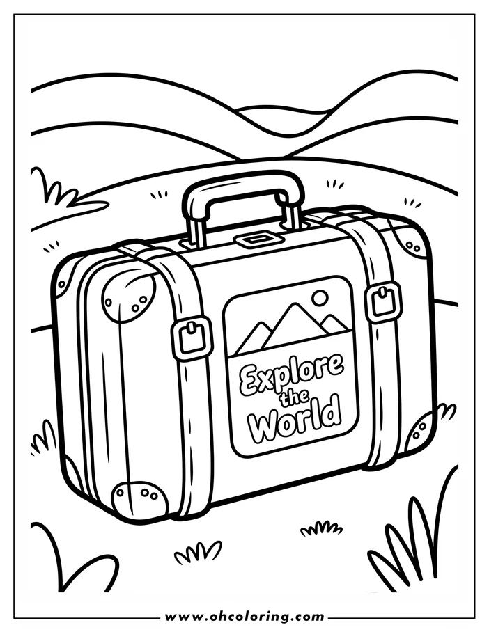 Line art of a suitcase with straps, buckles, and a patch that says "Explore the World" with a mountain design.  The suitcase rests on the ground with hills in the background, ready for coloring.
