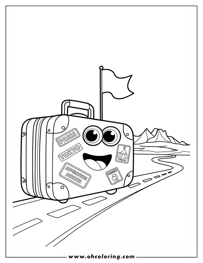 Line art of a suitcase with a happy face, travel stickers, and a flag, rolling down a road towards distant mountains. This is a coloring sheet design, perfect for travel-themed coloring activities.