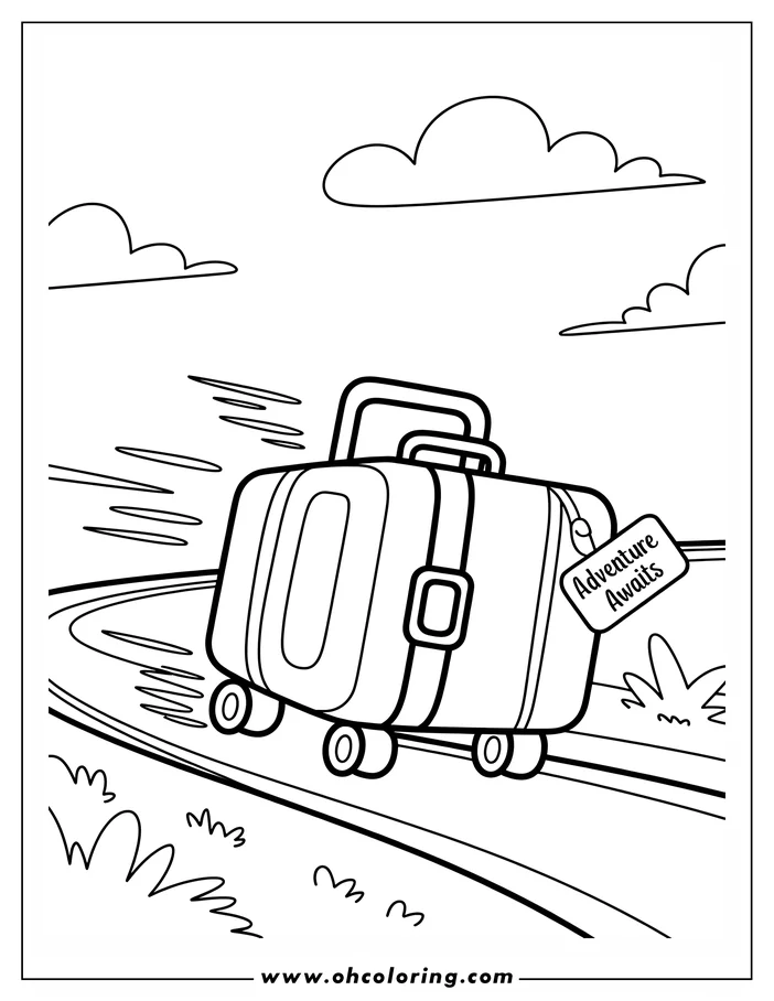 Line art of a suitcase rolling quickly down a path. The suitcase has a luggage tag that says 'Adventure Awaits', wheels, a handle, and a strap around it. Clouds and grass can be seen in the background. This is a drawing for coloring.