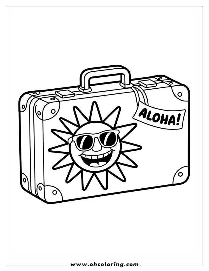 Line art of a suitcase with a sun wearing sunglasses and an "ALOHA!" tag. This simple drawing is a coloring sheet design, perfect for adding your own colors to this travel-themed illustration.