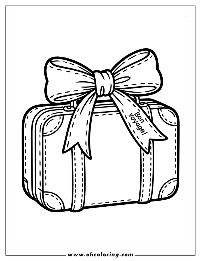 Line art of a suitcase with a large bow tied around it.  The suitcase has stitching details and a tag that reads "Bon Voyage!"  This is a coloring sheet design.