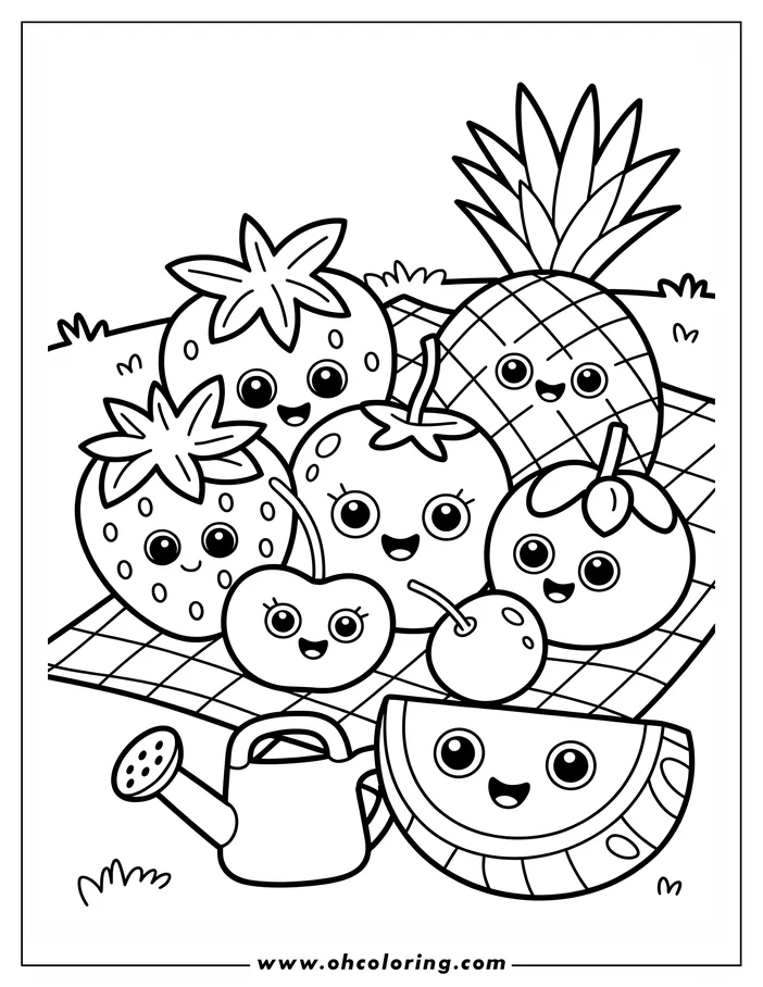 Line art of a summer fruits picnic scene. A smiling strawberry, pineapple, tomato, cherry, and watermelon slice sit on a checkered picnic blanket. A watering can rests beside the blanket on a patch of grass.