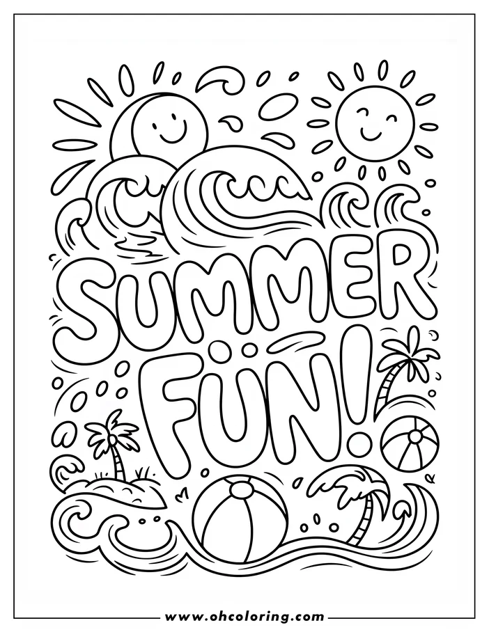 Line art of the words Summer Fun with summer-themed imagery.