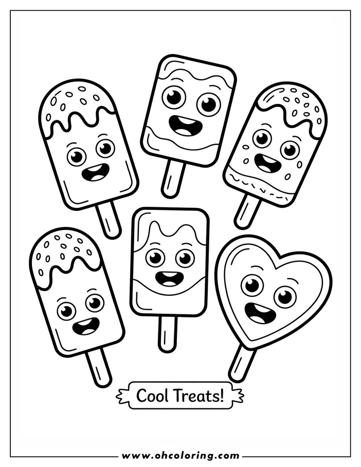Line art of various smiling ice cream treats on sticks.  Some are topped with sprinkles and drizzled chocolate. One is heart-shaped.
