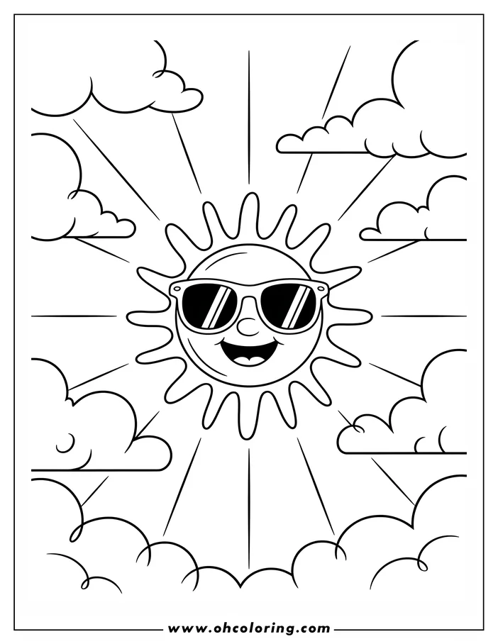 Line art of a smiling sun wearing sunglasses, surrounded by clouds. Perfect for a summer coloring activity.