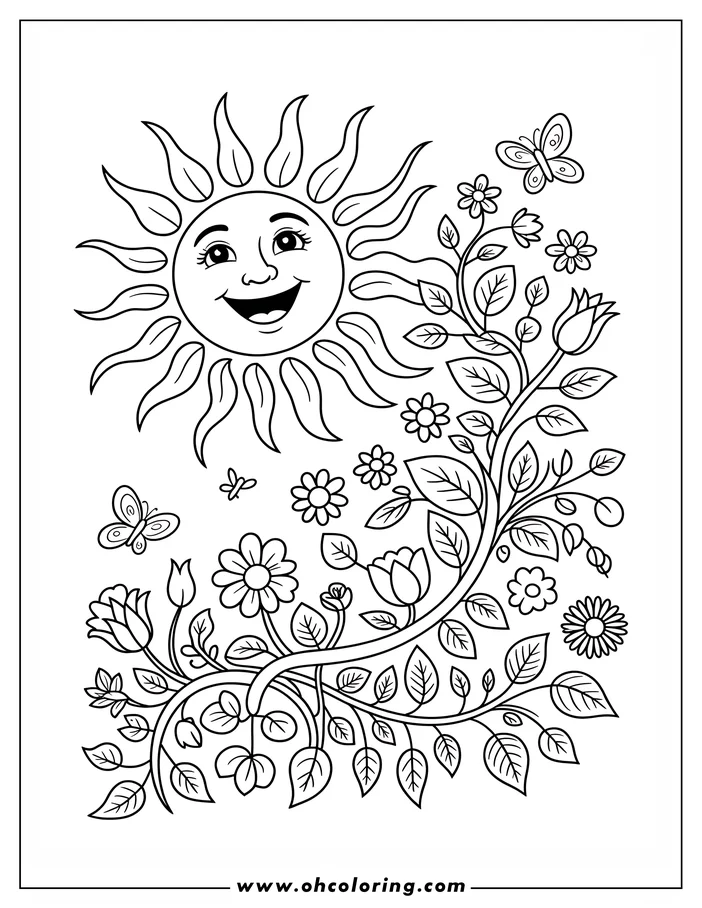Line art depicting a smiling sun with stylized rays shining above a vine with various flowers, leaves, and two butterflies.  A cheerful Earth Day coloring sheet design.