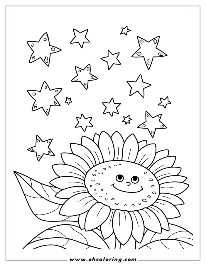 A smiling sunflower with large leaves sits below several decorative stars. The flower's center has small circles and its petals are numerous. The stars are different sizes and have swirling patterns. The image has a whimsical feel, good for coloring.