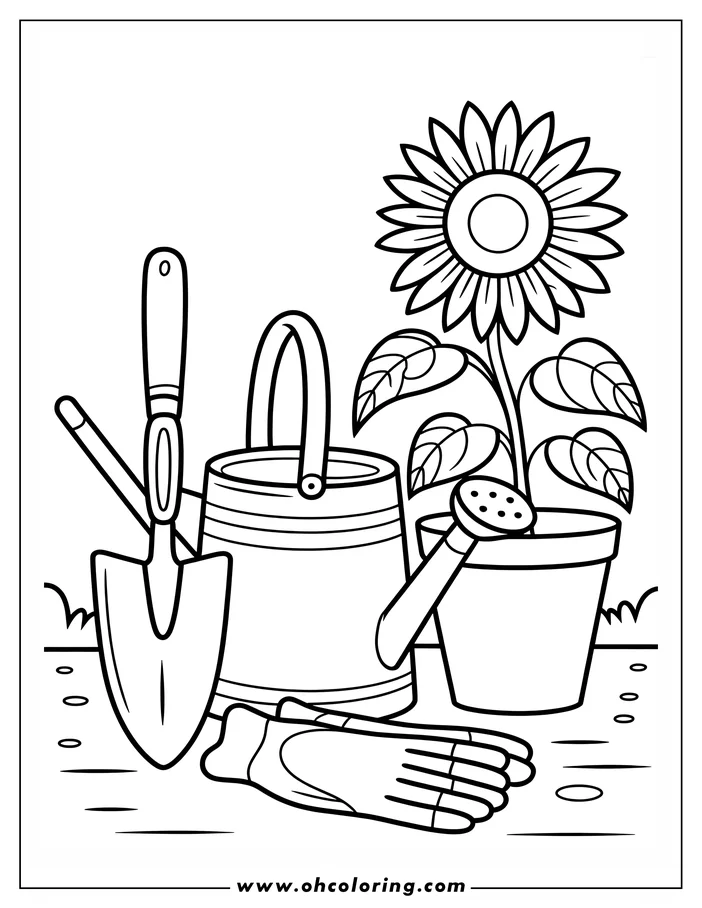 Line art of a sunflower in a pot, accompanied by a watering can, gardening gloves, a trowel, and a hand rake, ready for coloring. This gardening-themed coloring page is perfect for kids and adults.