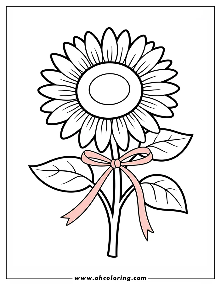 Outline of a sunflower with a ribbon tied around its stem. The flower has many petals and a large center, with two prominent leaves below the ribbon.