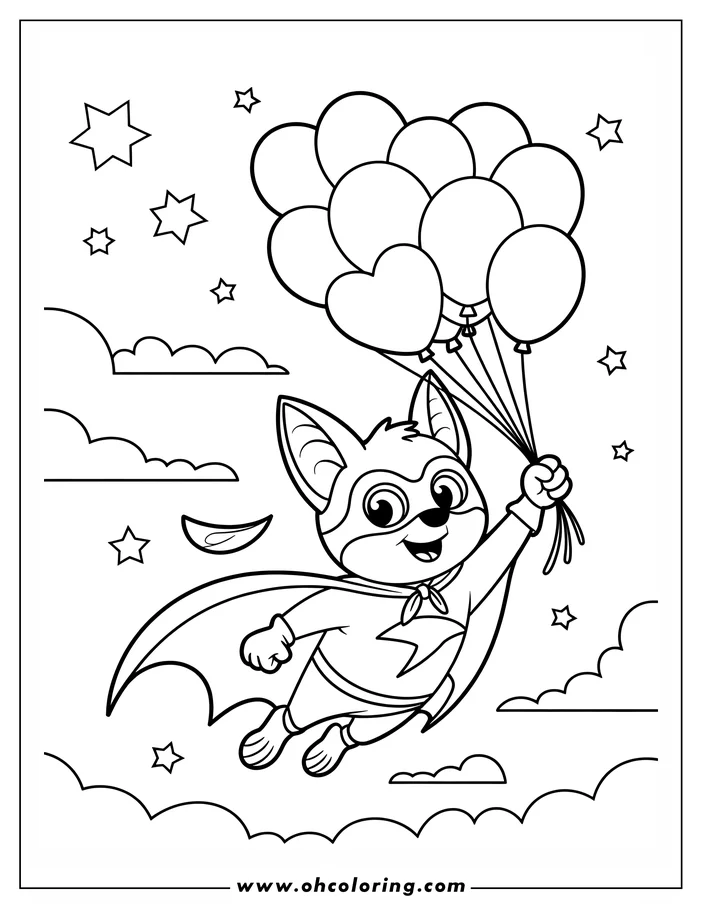 Line art of a superhero bat flying with a bunch of balloons, soaring above clouds and stars, ready for coloring. The bat wears a cape and costume with a lightning bolt. This playful design makes a great coloring sheet for kids.