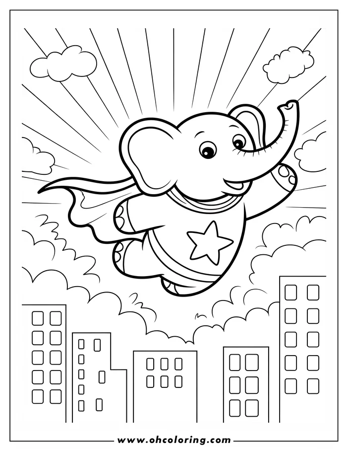 Line art of a superhero elephant flying over a city. The elephant wears a cape and a star on its chest.