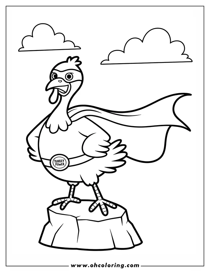 Outline of a cartoon turkey dressed as a superhero, standing on a rock with clouds in the background.