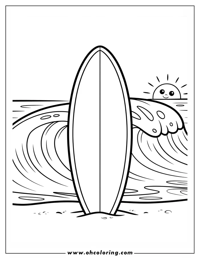 Line art of a surfboard on the beach with ocean waves and a smiling sun.