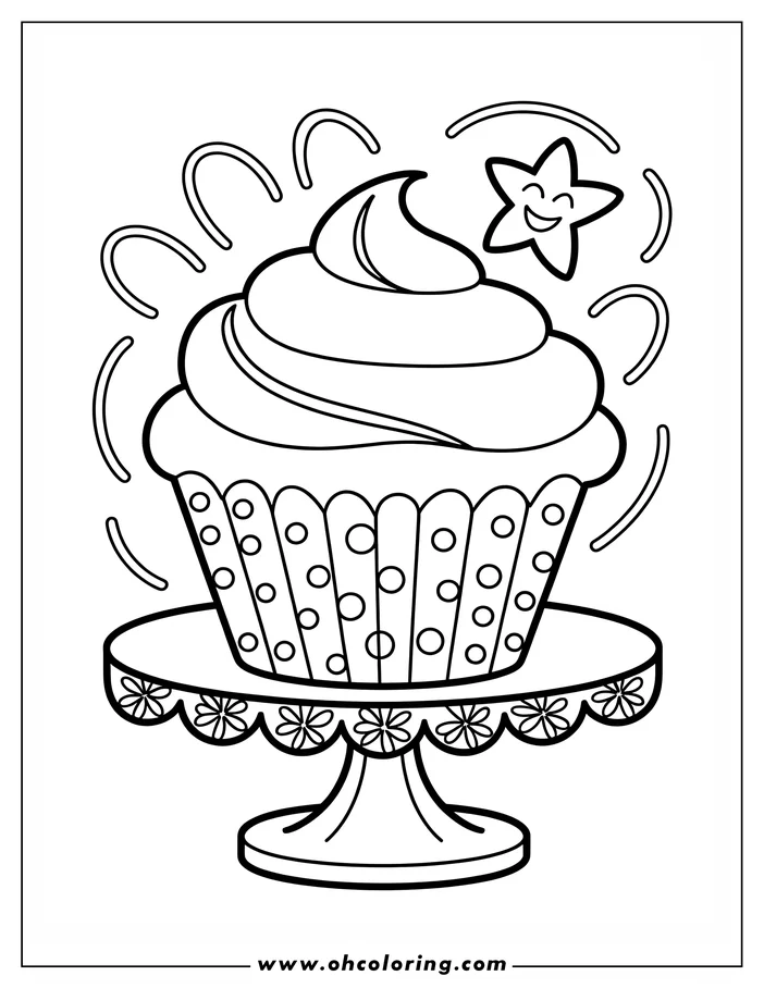 Outline of a cupcake with swirled frosting on a cake stand decorated with flowers. A happy star is above the cupcake.
