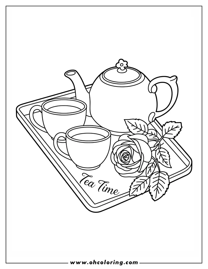 Line art of a teapot, two teacups, and a rose arranged on a tray. The design includes the words 'Tea Time' written on the tray, creating a cozy teatime scene ready for coloring.