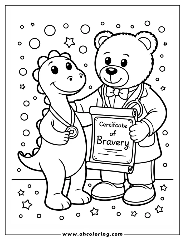 Line art of a teddy bear in a suit presenting a certificate of bravery to a dinosaur wearing a medal. The scene is decorated with stars and circles, creating a cheerful coloring page design.
