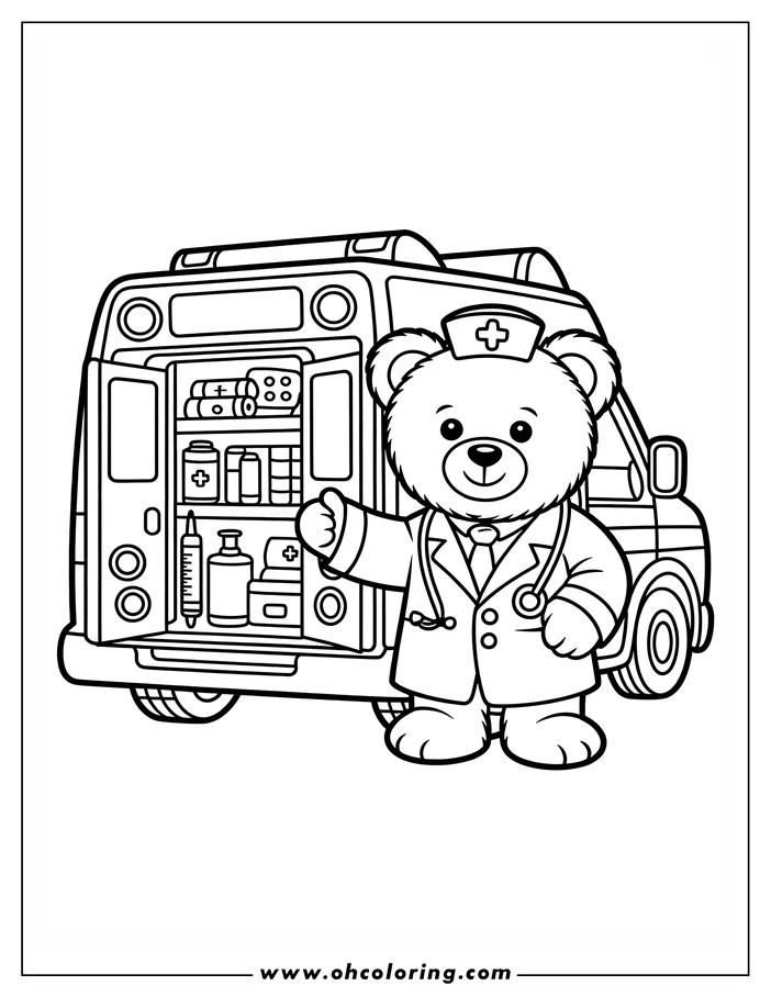 Line art of a teddy bear doctor standing next to an ambulance with its back doors open, revealing medical supplies. The bear wears a doctor's coat and stethoscope. This is a coloring sheet design.