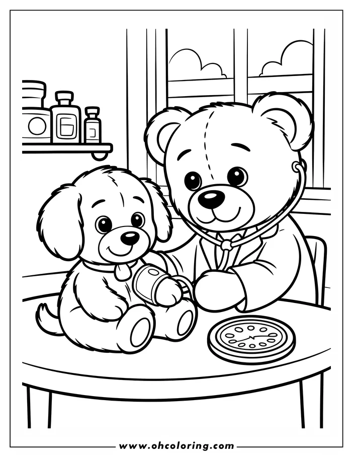 Line art of a teddy bear doctor taking the blood pressure of a puppy patient. The bear wears a lab coat and stethoscope, while the puppy sits calmly with the blood pressure cuff on its leg. Medical supplies are visible on a shelf in the background, creating a doctor's office scene perfect for a coloring page.