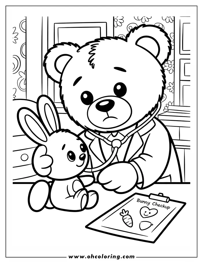 Line art of a teddy bear doctor, wearing a lab coat and stethoscope, giving a check-up to a bunny patient.  The bear has a concerned expression as it listens to the bunny's heart.  A clipboard with "Bunny Checkup" written on it is in the foreground, showing a carrot and a heart. This is a coloring sheet design.