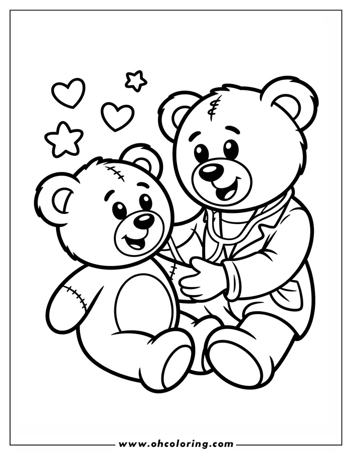 Line art illustration of a teddy bear doctor, wearing a coat and stethoscope, performing a check-up on another teddy bear. Hearts and stars decorate the background, creating a charming coloring page scene.