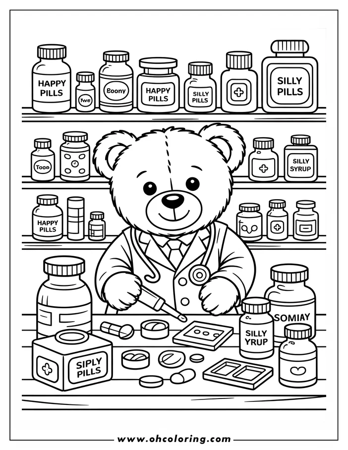 Line art of a teddy bear doctor wearing a lab coat and stethoscope, preparing medicine with a dropper. Shelves filled with various bottles add to the playful doctor's office scene. This is a coloring sheet design ready for printing and coloring.