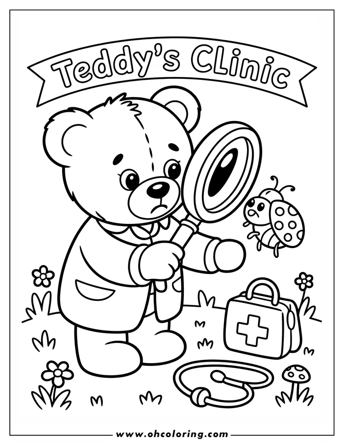 Line art of Teddy the bear doctor, wearing a doctor's coat, examining a ladybug with a magnifying glass. His medical bag and stethoscope are on the ground beside him.  Flowers and grass are visible in the simple background, ready for coloring.