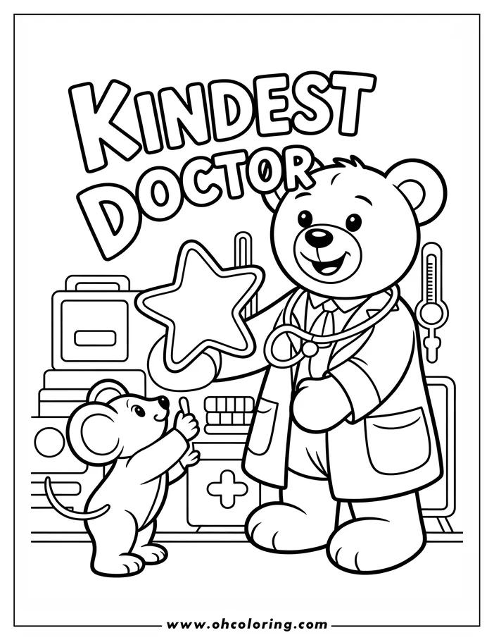 Line art of a teddy bear doctor with a stethoscope holding a star and a small mouse patient giving a thumbs-up in a doctor's office setting, designed as a coloring sheet.