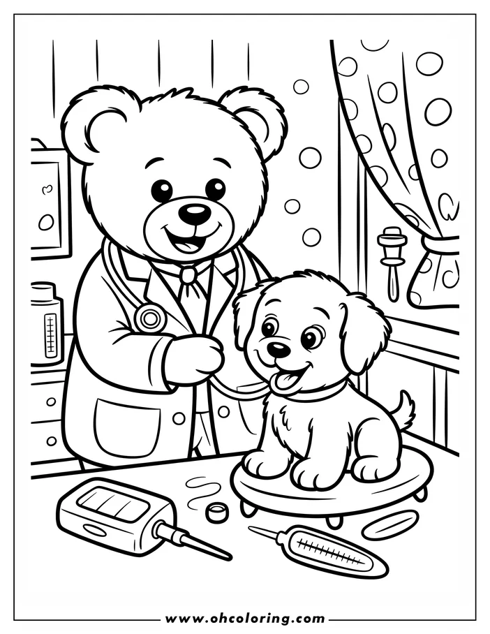 Line art of a teddy bear doctor, wearing a lab coat and stethoscope, examining a puppy patient on a scale in an office setting. Medical tools are visible around the room. This is a coloring sheet design for kids.