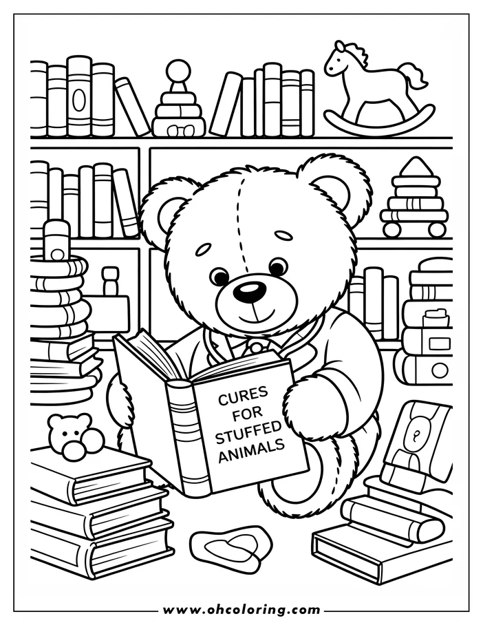 Line art of a teddy bear doctor, wearing a doctor's coat, sitting and reading a book titled 'Cures for Stuffed Animals.'  Various medical and children's items are arranged around him, creating a doctor's office or playroom scene in this coloring page design.