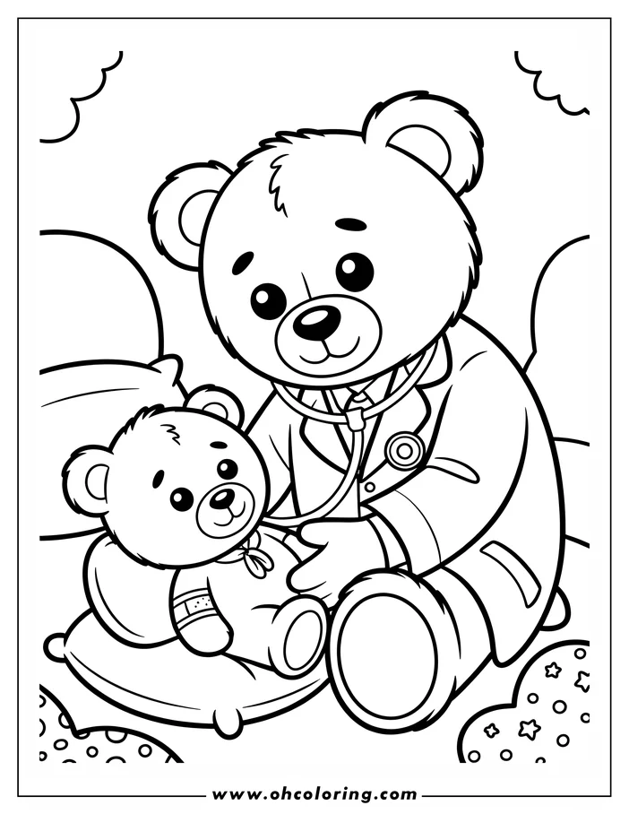 Line art of a teddy bear doctor wearing a lab coat and using a stethoscope on a patient teddy bear. The patient bear wears pajamas and a bandage on its arm and sits on a pillow. This is a coloring sheet design, ready for printing and coloring.