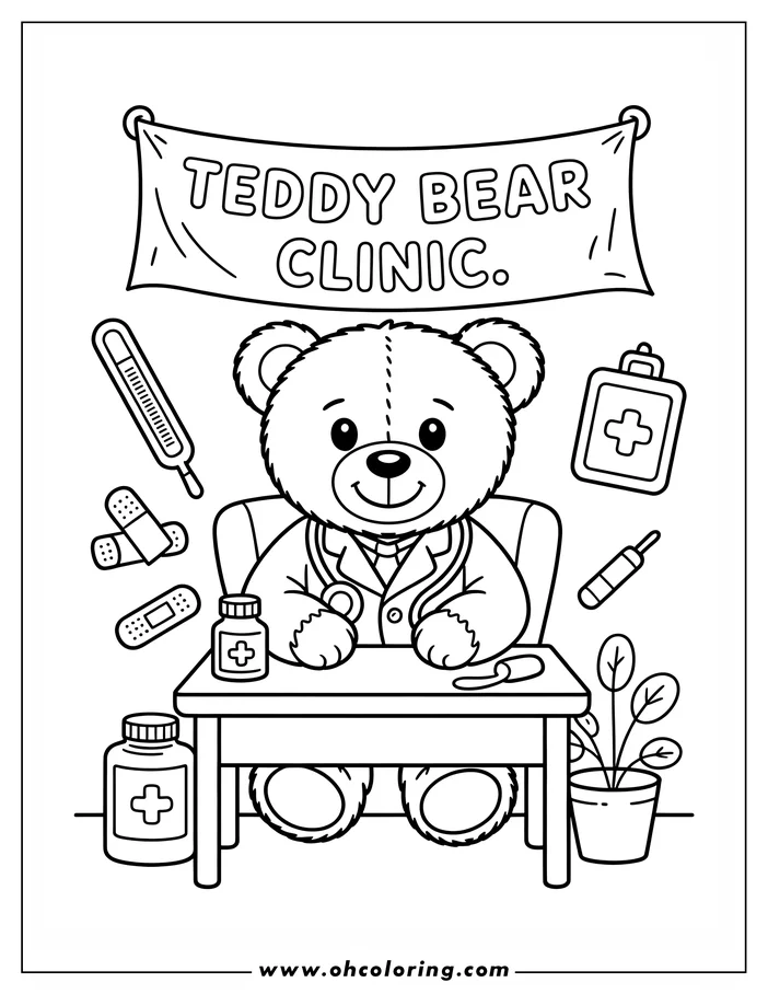 Line art of a teddy bear doctor sitting at a desk with medical supplies. The bear wears a doctor's coat and stethoscope.  A banner above reads 'Teddy Bear Clinic.'  This is a coloring sheet design ready for kids to color.